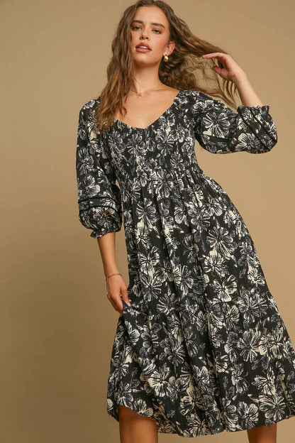 Umgee Ruffle Hem Flower Printed V-Neck Dress Casual Dresses