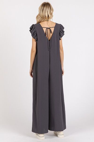 Mittoshop V-Neck Ruffled Jumpsuit with Cap Sleeves and Wide Leg Design Jumpsuits