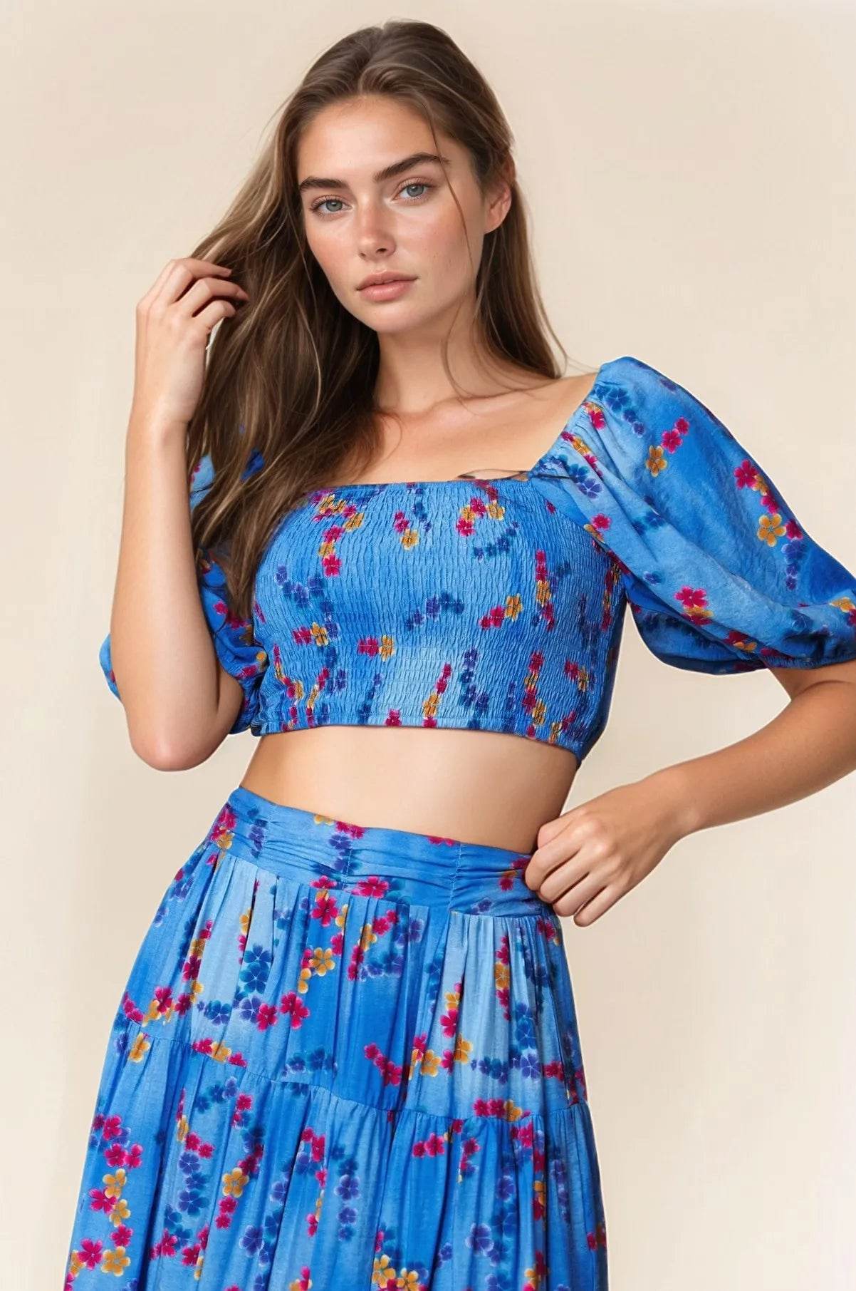 Davi & Dani Smocing Bodice Puff Short Sleeve Printed Crop Top - Shop Style & More | Fresh Looks, Everyday Deals & Free Shipping