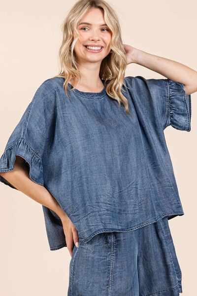 Mittoshop Washed Round Neck Flounce Sleeve Blouse Blouses