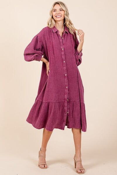 Mittoshop Mineral Wash Cotton Gauze Ruffle Midi Shirt Dress Deep Purple Casual Dresses