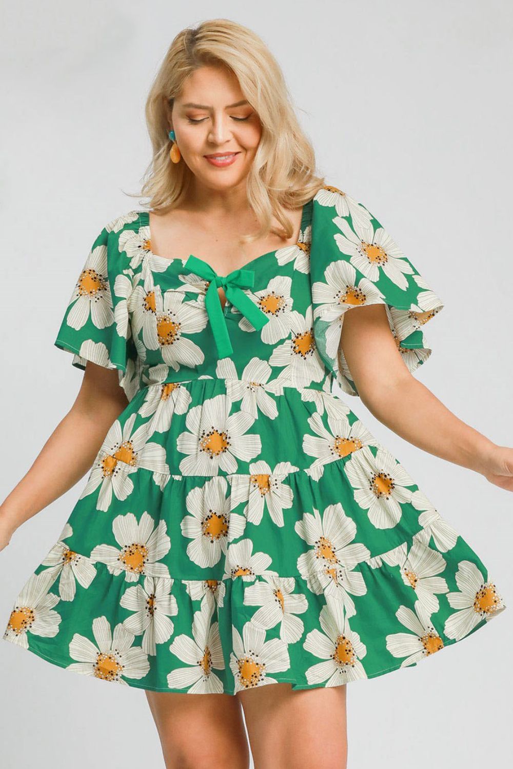 Umgee Full Size Daisy Print Mini Dress with Ribbon Details Plus Size Casual Dresses