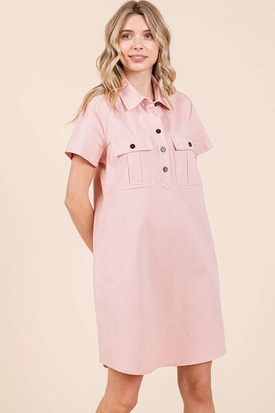 Mittoshop Button Detail Collared Neck Short Sleeve Shirt Dress Casual Dresses