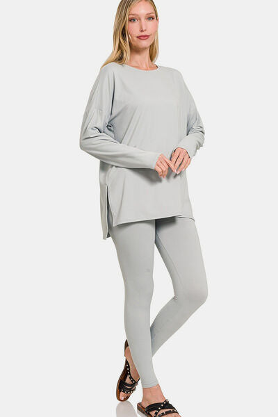 Zenana Full Size Brushed Microfiber Top and Leggings Lounge Set Lt Grey Lounge Set