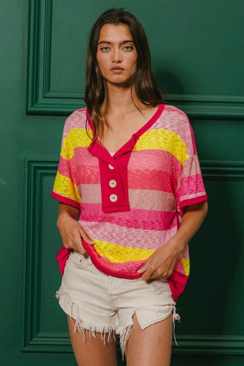 BiBi Multi Color Stripe Hacci Button Detail Ringer Top - Shop Style & More | Fresh Looks, Everyday Deals & Free Shipping
