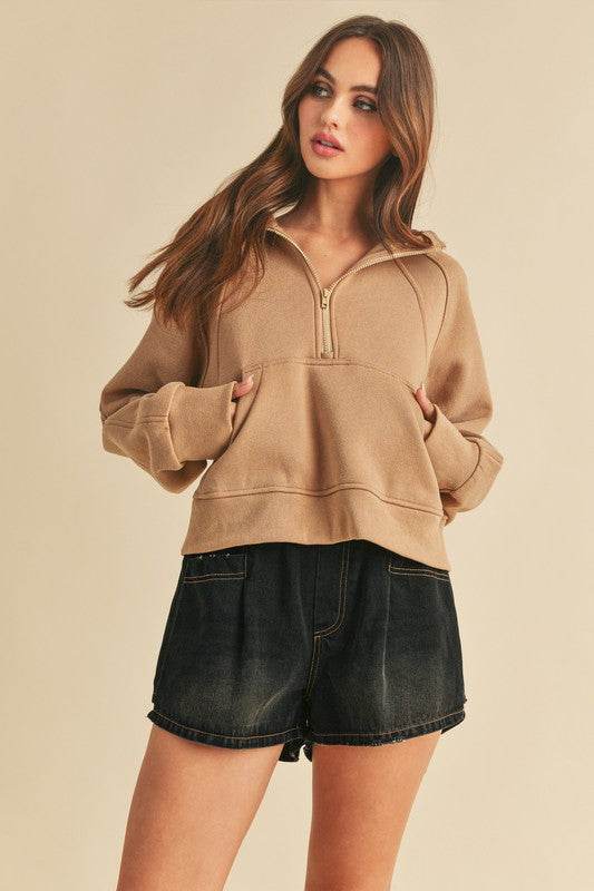 Aemi + Co Half Zip Raglan Sleeve Hoodie with Kangaroo Pocket - Shop Style & More | Fresh Looks, Everyday Deals & Free Shipping