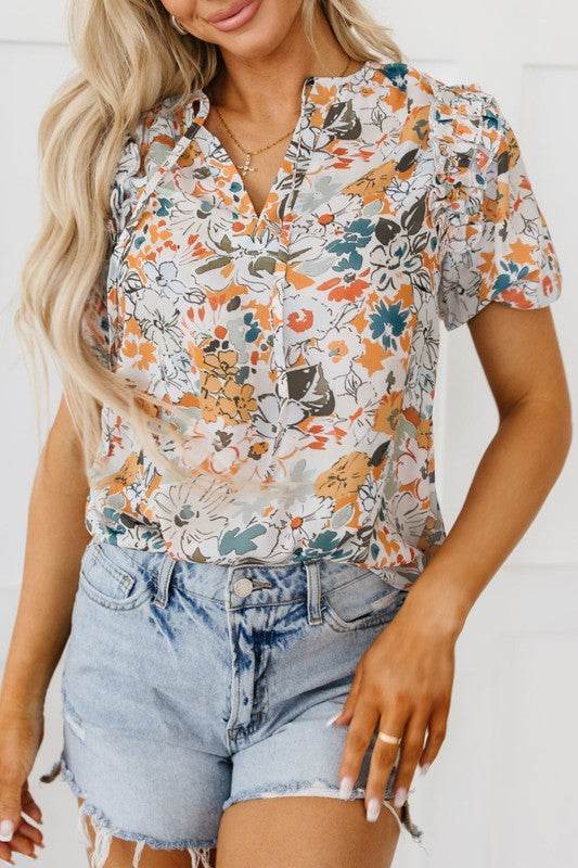 Milena Split V Neck Puff Sleeve Flower Print Blous - Shop Style & More | Fresh Looks, Everyday Deals & Free Shipping