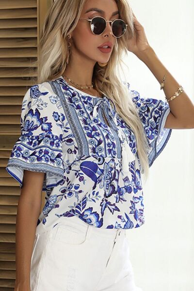 Perfee Printed Flounce Sleeve Blouse - Stylish Buttoned Design Blouses