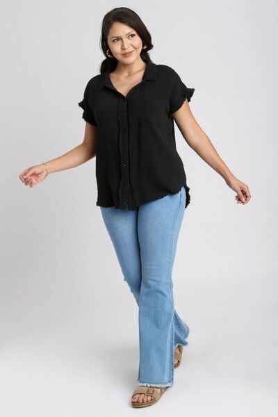 Umgee Full Size Frayed Hem Collared Neck Short Sleeve Shirt Plus Size Blouses