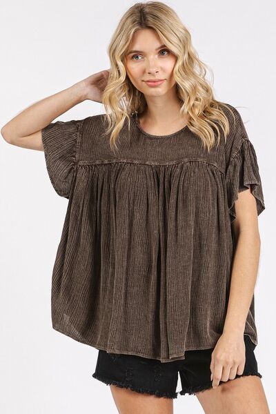 Mittoshop Mineral Washed Round Neck Ruffle Sleeve Blouse Blouses