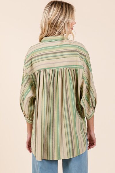 Mittoshop Striped Bubble Sleeve Button Down Shirt Blouses