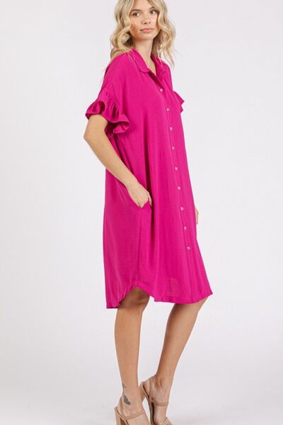 Mittoshop Button Down Flounce Sleeve Dress with Pockets Casual Dresses