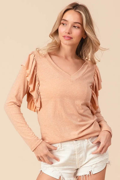 BiBi Triblend V Neck Top with Shoulder Shrring Detail - Shop Style & More | Fresh Looks, Everyday Deals & Free Shipping