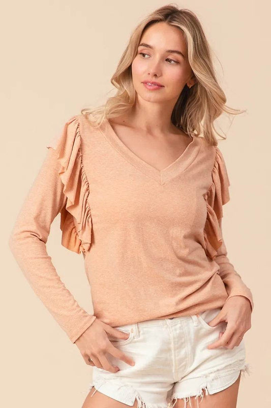 BiBi Triblend V Neck Top with Shoulder Shrring Detail - Shop Style & More | Fresh Looks, Everyday Deals & Free Shipping