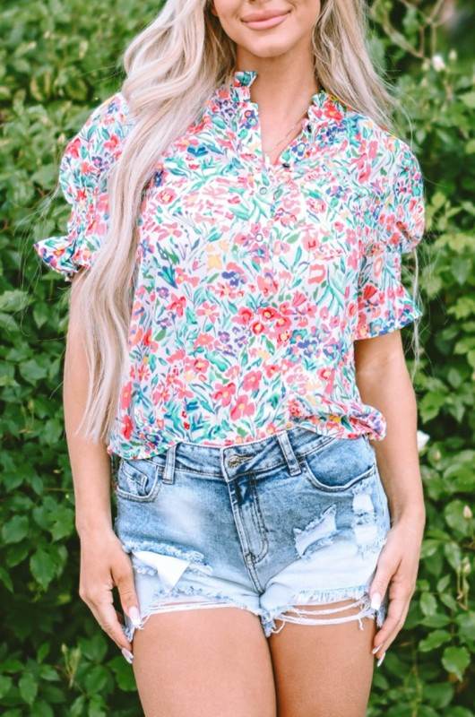Azaria Floral Print Button Split Neck Puff Sleeve - Shop Style & More | Fresh Looks, Everyday Deals & Free Shipping