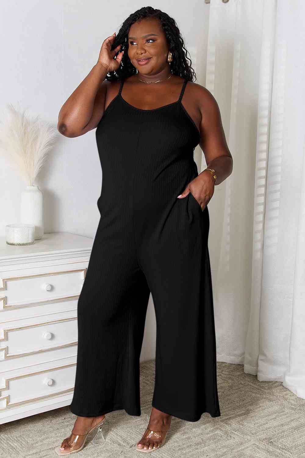 Basic Bae Spaghetti Strap Jumpsuit - Full Size V-Neck Design Black Jumpsuits