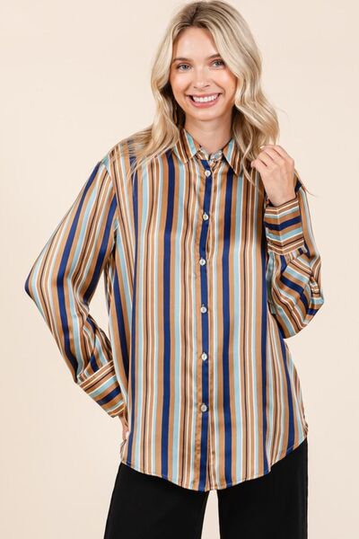 Mittoshop Striped Button Down Satin Shirt Navy Multicolor Blouses