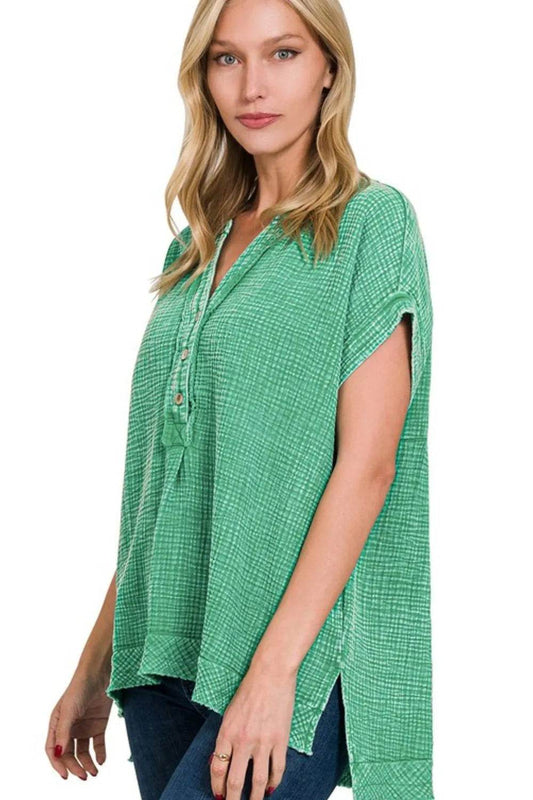 Zenana Washed Double Gauze 3/4 Button Henley Neck Shirt - Shop Style & More | Fresh Looks, Everyday Deals & Free Shipping