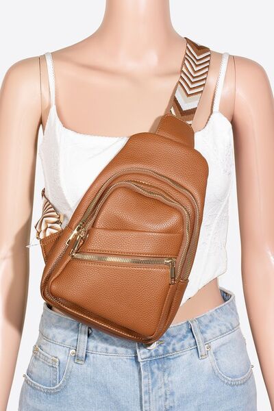 Fame PU Leather Chevron Strap Crossbody Bag Caramel One Size Bags