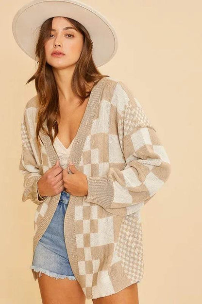 Annie Wear Checkered Open Front Drop Shoulder Cardigan - Shop Style & More | Fresh Looks, Everyday Deals & Free Shipping