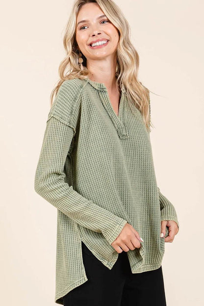 Mittoshop Mineral Wash Waffle Knit V-Neck Long Sleeve Top - Shop Style & More | Fresh Looks, Everyday Deals & Free Shipping