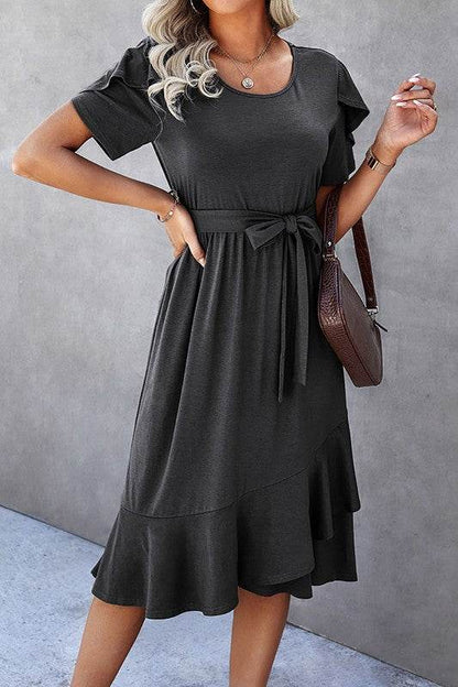 Petal Sleeve Ruffle Trim Wrap Belted Midi Dress - Shop Style & More | Fresh Looks, Everyday Deals & Free Shipping