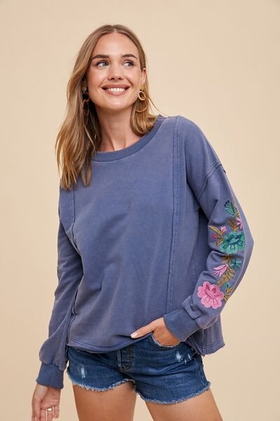 Annie Wear Embroidered Long Sleeve French Terry Top Hoodies & Sweaters