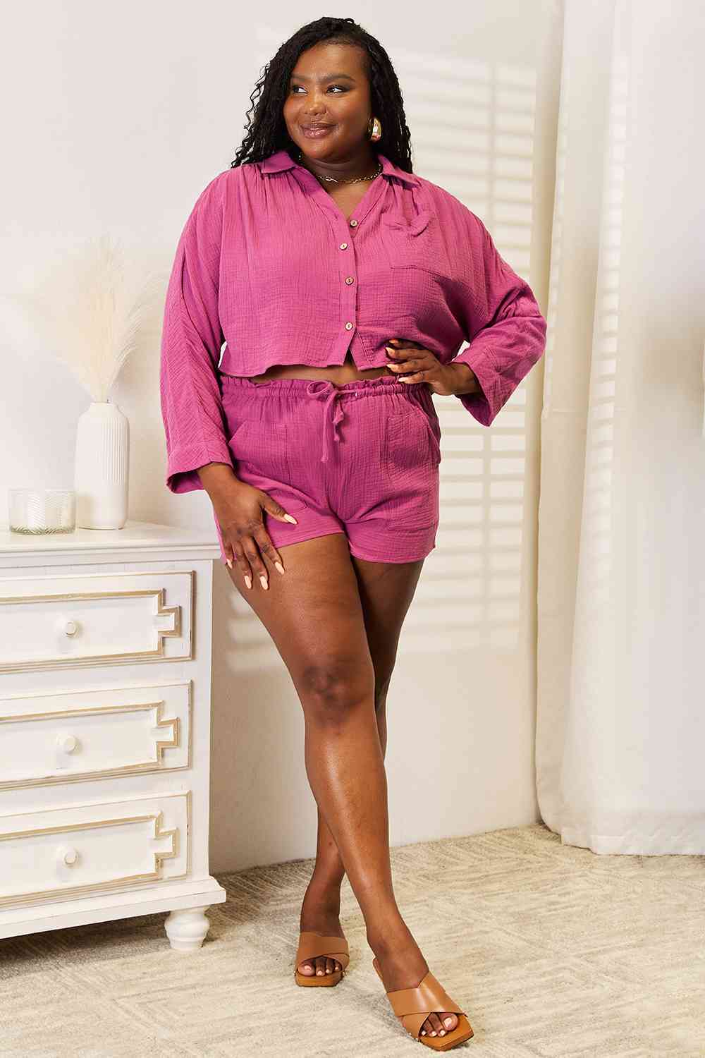 Basic Bae Buttoned Long Sleeve Top and Shorts Set Lounge Set