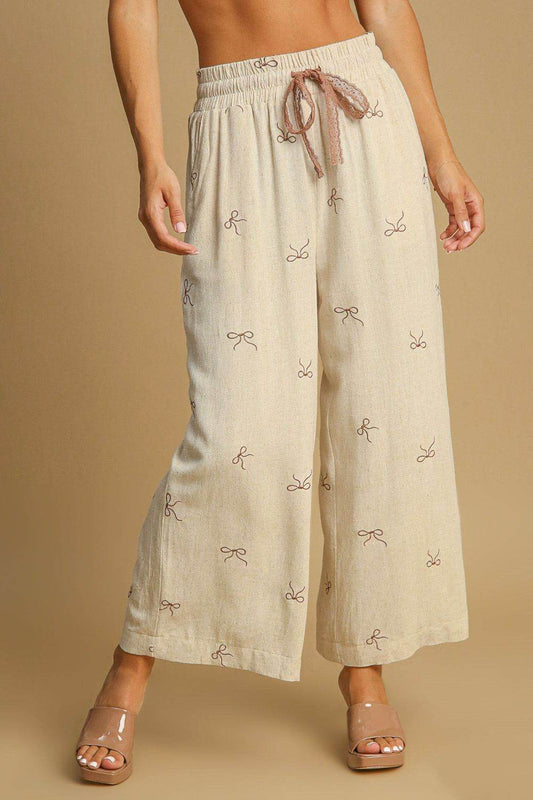 Umgee Full Size Lace Drawstring Embroidered Bow Wide Leg Pants Plus Size - Shop Style & More | Fresh Looks, Everyday Deals & Free Shipping
