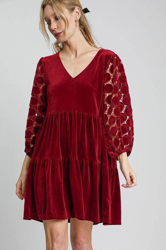 Umgee Dotted Lace Sleeve Tiered Velvet Mini Dress - Shop Style & More | Fresh Looks, Everyday Deals & Free Shipping