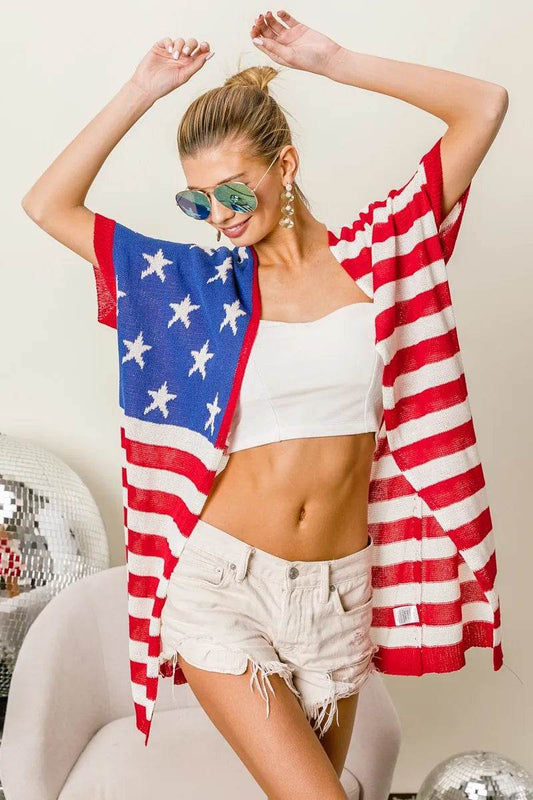 BiBi American Flag Low Gauge Knit Cardigan - Shop Style & More | Fresh Looks, Everyday Deals & Free Shipping