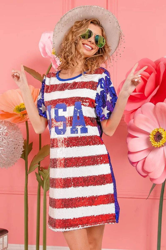 BiBi American Flag Theme Usa Print Sequin Dress - Shop Style & More | Fresh Looks, Everyday Deals & Free Shipping