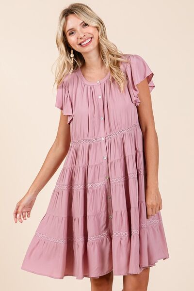 Mittoshop Lace Detail Ruffled Button Down Tiered Dress Casual Dresses