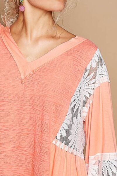 POL Lace Detail V-Neck Flare Sleeve Blouse Blouses