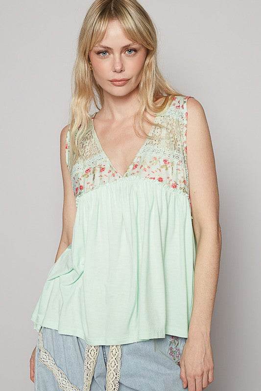 POL Lace Detail Frill Floral V-Neck Sleeveless Top - Shop Style & More | Fresh Looks, Everyday Deals & Free Shipping