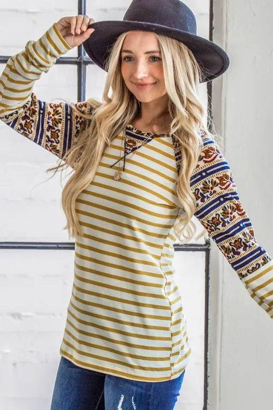 And The Why Stripe Ethnic Print Raglan Top - Shop Style & More | Fresh Looks, Everyday Deals & Free Shipping