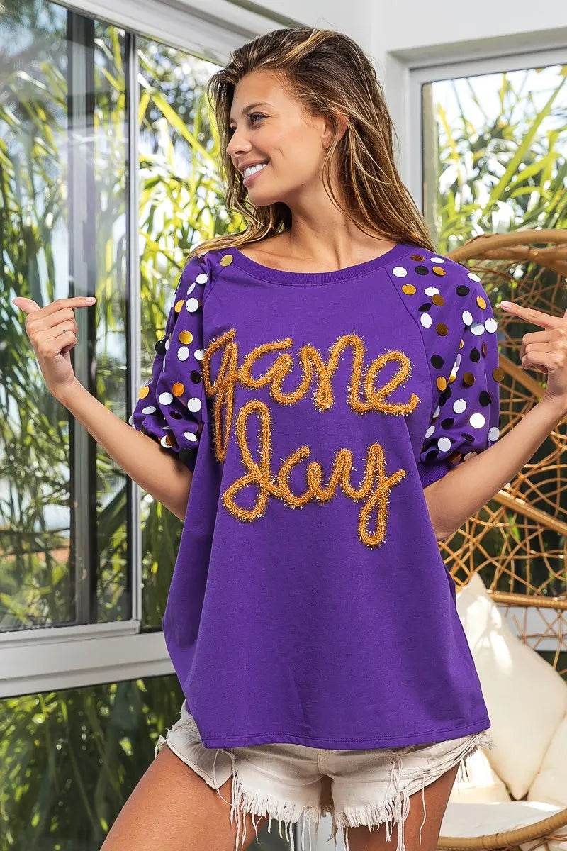 BiBi Game Day Metallic Letter Spangle Sleeve Top - Shop Style & More | Fresh Looks, Everyday Deals & Free Shipping