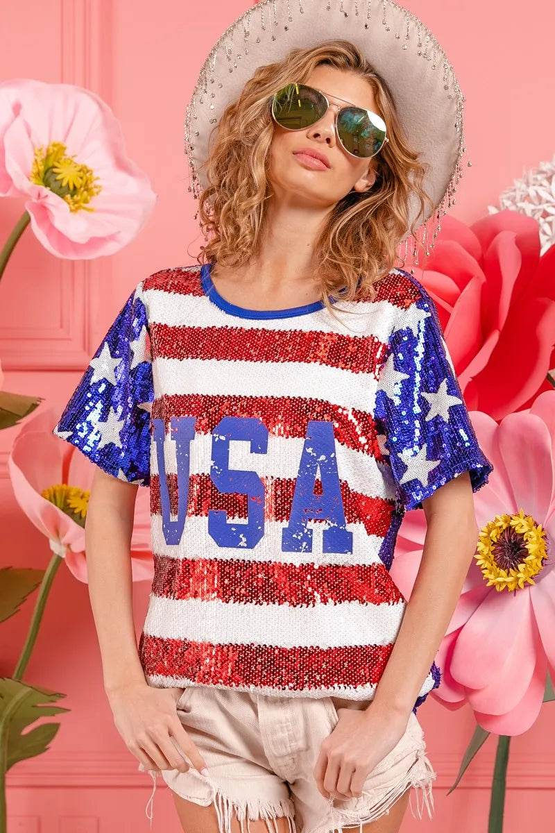 BiBi American Flag Theme USA Lettering Sequin Top - Shop Style & More | Fresh Looks, Everyday Deals & Free Shipping