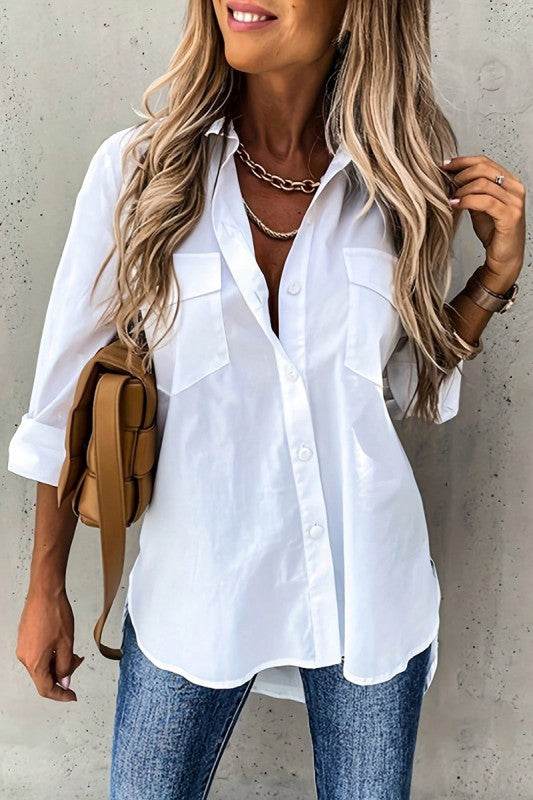 Solid Button Up Pockets Long Sleeves Blouse - Shop Style & More | Fresh Looks, Everyday Deals & Free Shipping
