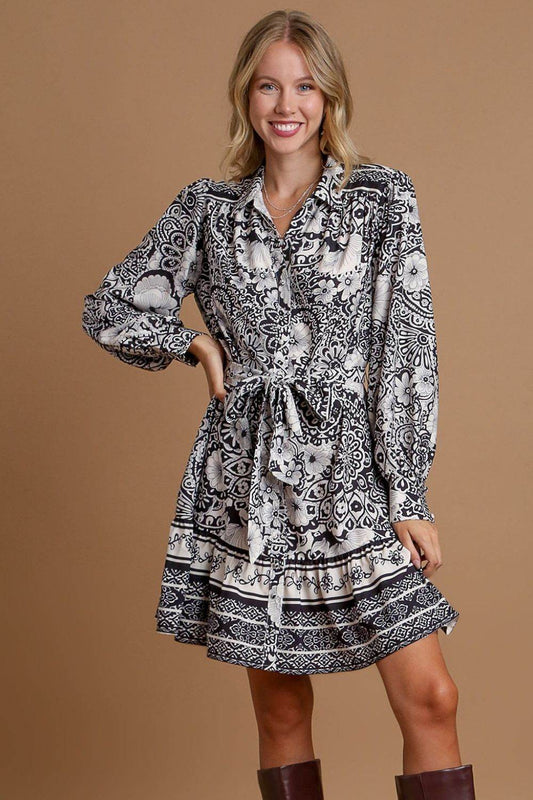 Umgee Full Size Two Tone Floral Border Print Tie Waist Mini Dress Plus Size - Shop Style & More | Fresh Looks, Everyday Deals & Free Shipping