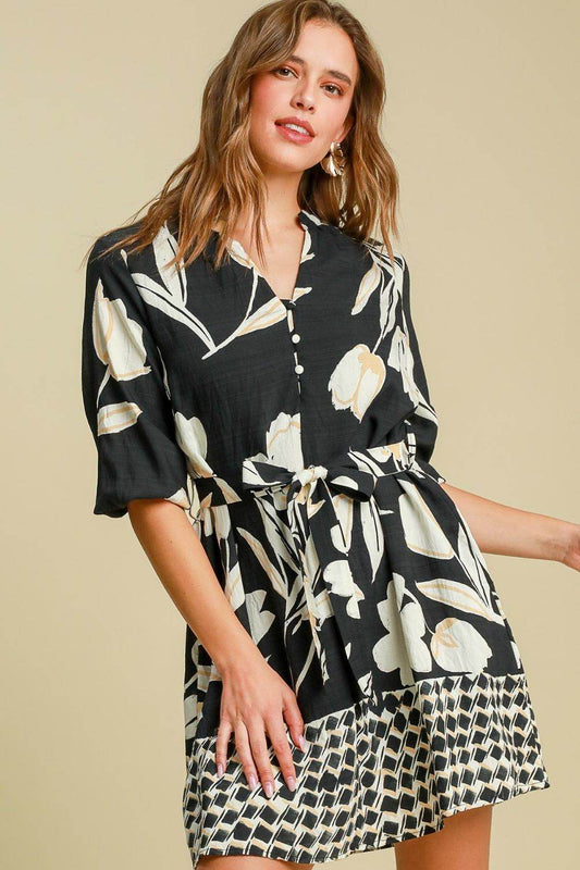 Umgee Full Size Floral Print Notched Tie Waist Mini Dress Plus Size - Shop Style & More | Fresh Looks, Everyday Deals & Free Shipping