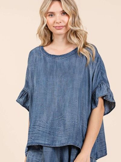 Mittoshop Washed Round Neck Flounce Sleeve Blouse Blouses