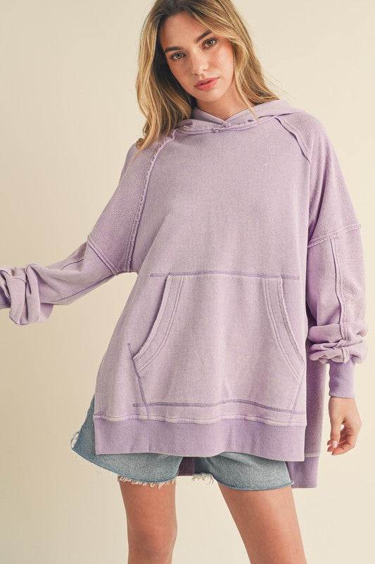 Aemi + Co Exposed Seam Side Slit Hoodie with Kangaroo Pocket - Shop Style & More | Fresh Looks, Everyday Deals & Free Shipping