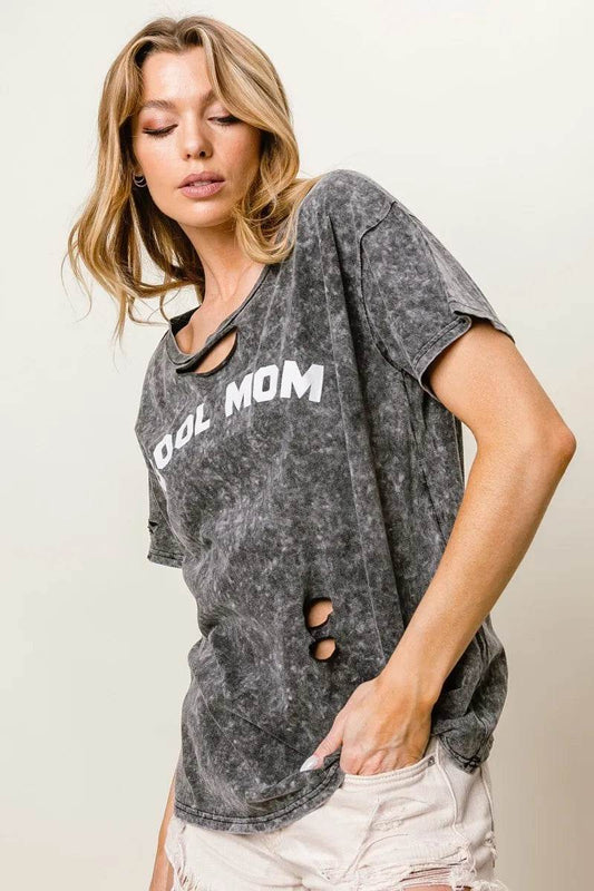 BiBi Washed Laser Cut Detail Cool Mom Print Top - Shop Style & More | Fresh Looks, Everyday Deals & Free Shipping