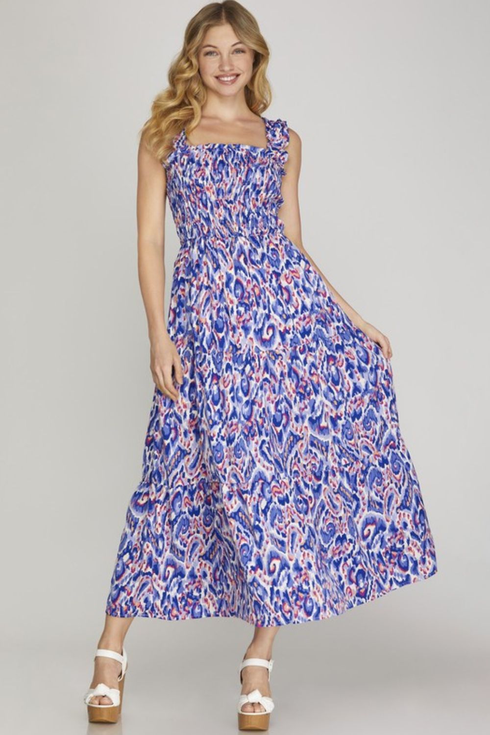 She + Sky Full Size Smocked Printed Wide Strap Tiered Dress Plus Size Royal Blue Casual Dresses