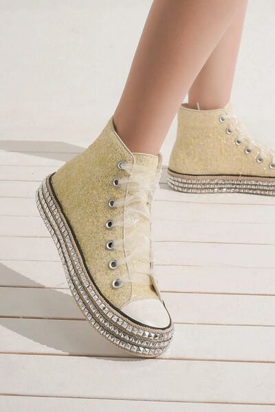 Beast Fashion Glitter Lace-Up Studded Platform Sneakers White Sneakers