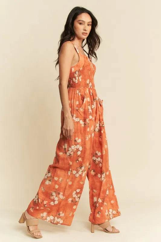 Davi & Dani Floral Ruffle Square Neck Smocking Bodice Jumpsuit - Shop Style & More | Fresh Looks, Everyday Deals & Free Shipping