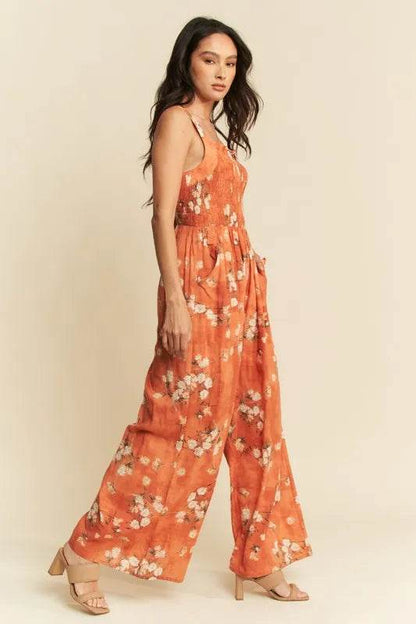 Davi & Dani Floral Ruffle Square Neck Smocking Bodice Jumpsuit - Shop Style & More | Fresh Looks, Everyday Deals & Free Shipping