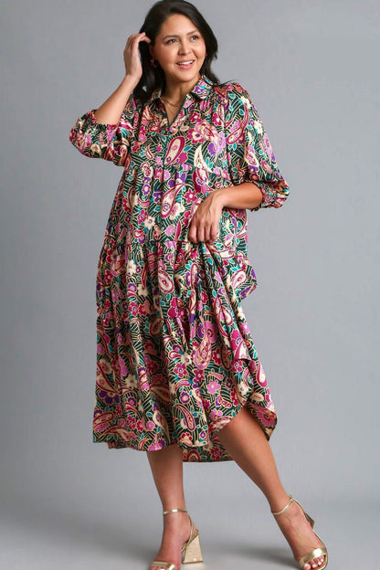 Umgee Full Size Paisley Print Satin Tiered Midi Dress Plus Size Casual Dresses