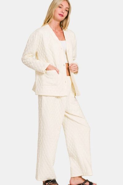 Zenana Quilted Button Up Long Sleeve Top and Pants Lounge Set Lounge Set